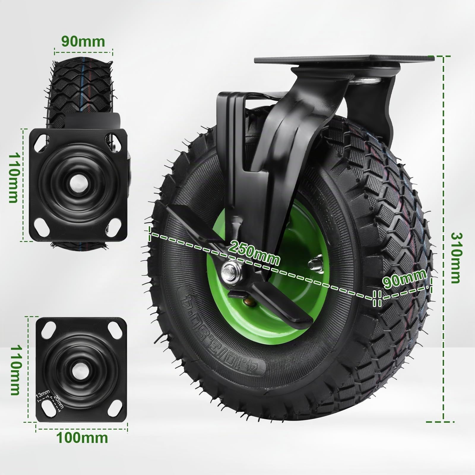 Set di 4 ruote girevoli a 360° con freno, Ø 250 x 90 mm, ruota pneumatica silenziosa su cerchione in acciaio Schwarz con assorbimento degli urti, carrello e carrello di trasporto (2 ruote girevoli, 2