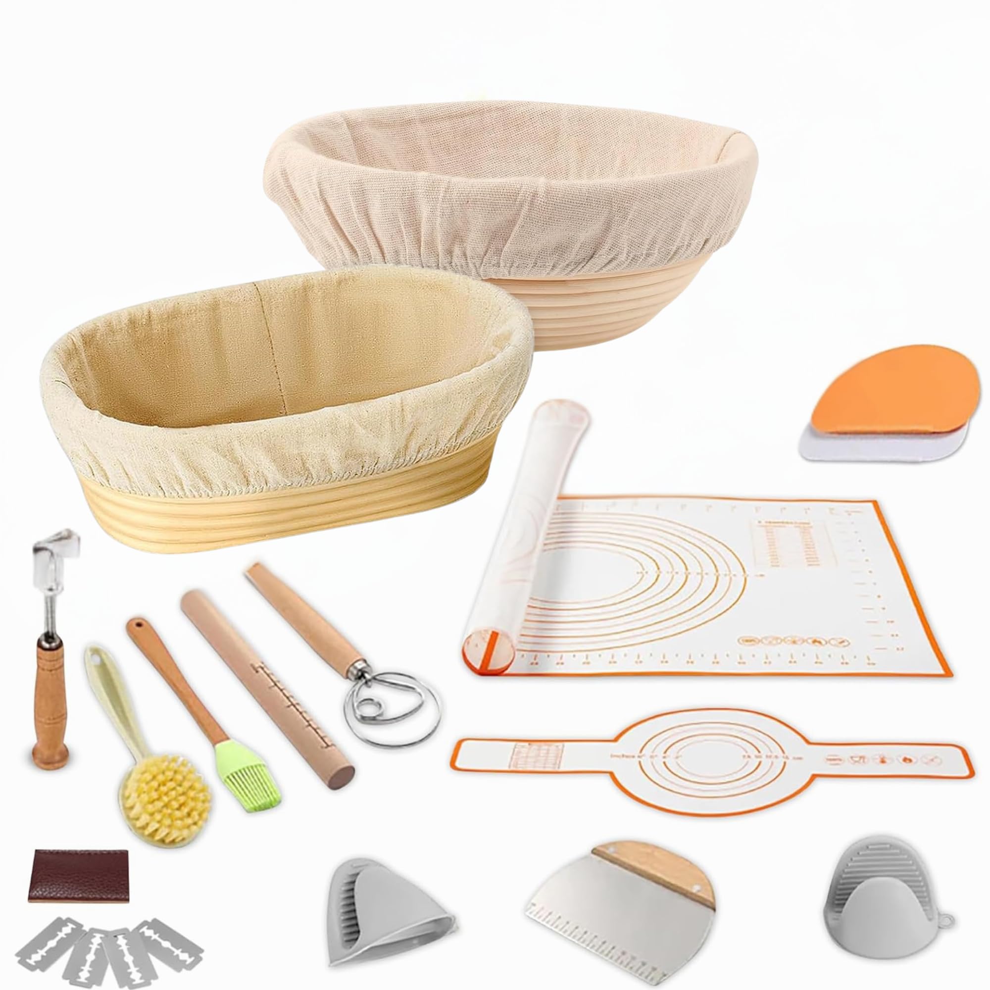 Banneton - Juego de cestas a prueba de pan, suministros para hornear masa madre, cesta redonda de 9 pulgadas y ovalada de 10 pulgadas, kit completo, cesta Banneton, kit de masa agria