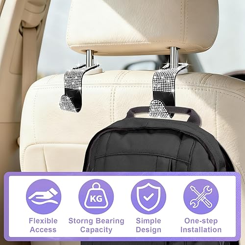 Miniatura 6 de Paquete de 6 ganchos brillantes para reposacabezas de asiento de automóvil, gancho de diamantes de imitación para automóvil, organizador de