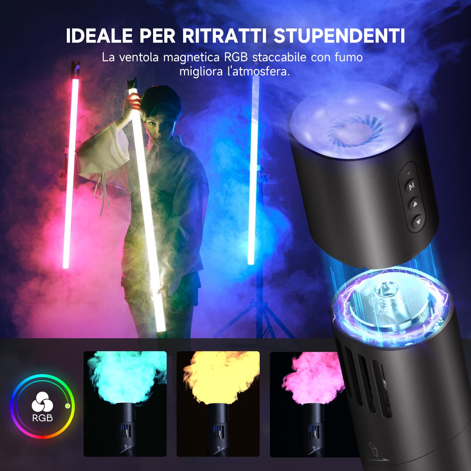 COLBOR Macchina del Fumo Ricaricabile da 40W con Telecomando, CF5 Mini Macchina per Nebbia Portatile con Ventilatore RGB per Fotografia, Feste al chiuso e all'aperto, Halloween, Cosplay