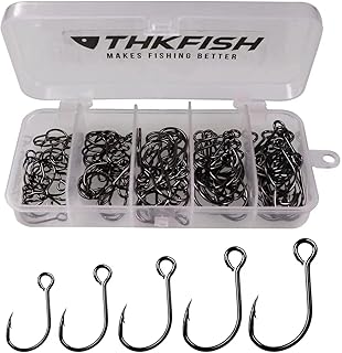 THKFISH 50pcs/100Pcs Box Inline Single Hook Large Eye with Barbed Replacement Fishing Hook Inline Circle Hooks for Spoon Lures Baits Jigs Spinner #2#1 1/0 2/0 3/0