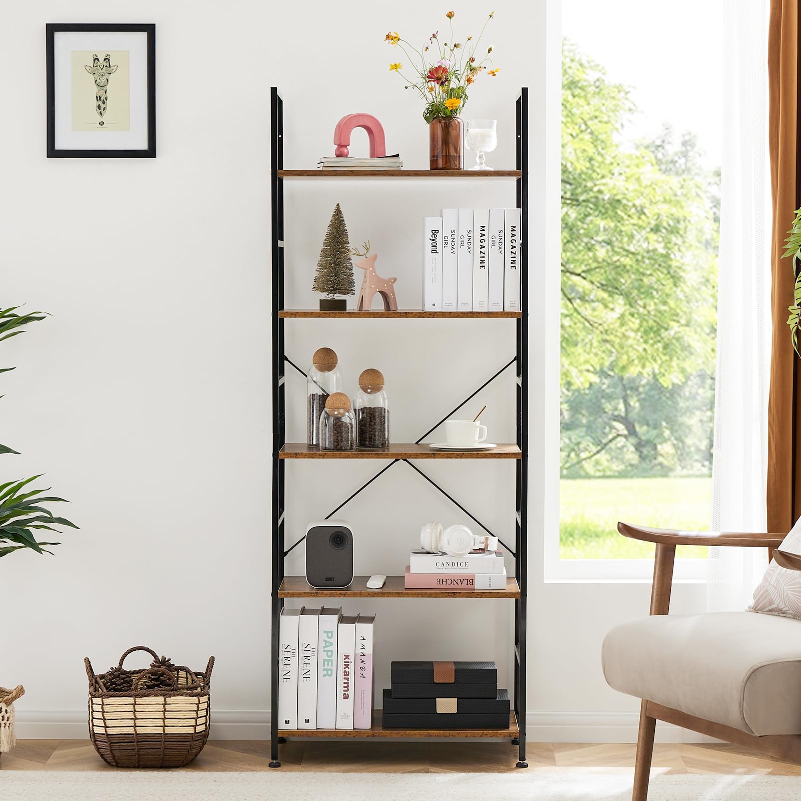 OLIXIS 5-Tier Bookshelf - Modern Industrial Tall Bookcase Storage Organizer, Versatile Shelving Unit for CDs/Movies/Books - Elegant Brown Book Shelf for Home Office, Living Room, Kitchen, Bedroom