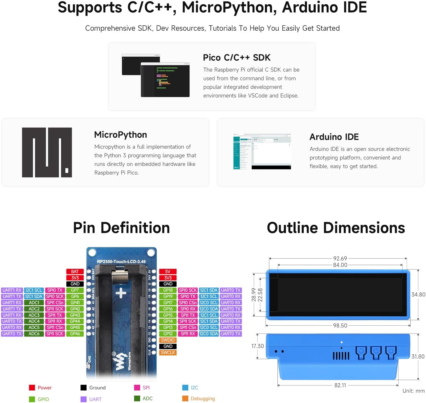 Waveshare RP2350 Development Board with 3.49inch IPS Capacitive Touch Display, 172 × 640, Dual-core & Dual-Architecture Design, Built-in AXS15231B LCD & Touch Controller, Lithium Batt NOT Included
