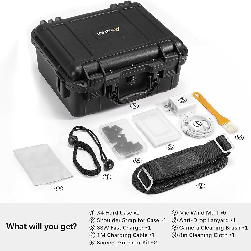 Amazear Kétrétegű Védőtok Szett Insta360 X5/X4 Kamerához - 33W Gyorstöltő, Kijelzővédő, Szélfogó, Nyakpánt, Tisztítókészlet és Vízálló Tok