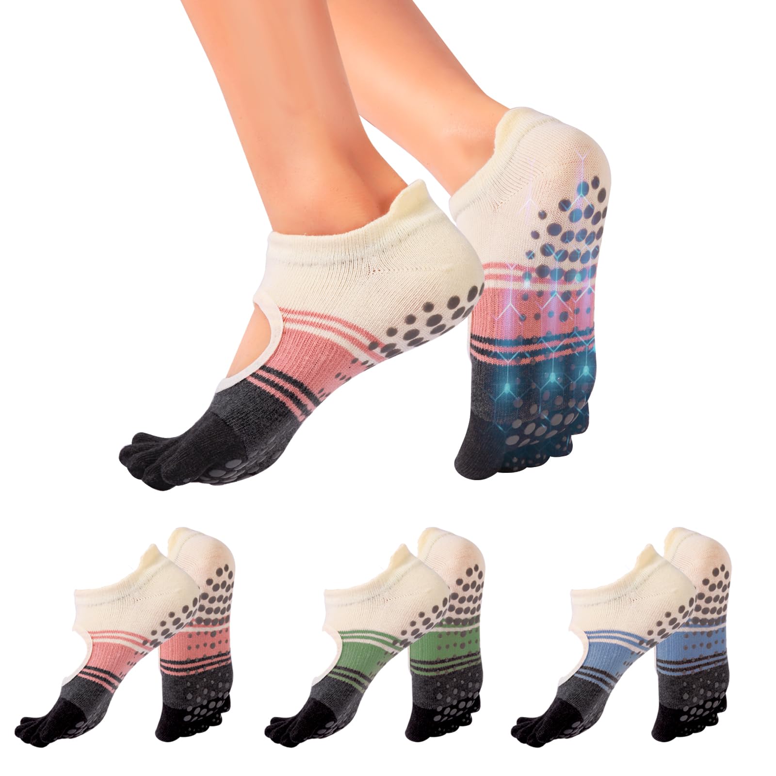 EwaRcud Pilates Grip Socks for Women, Non-Slip Yoga Socks with Toe Separators, 3-Pack for Pilates, Yoga, and Sports