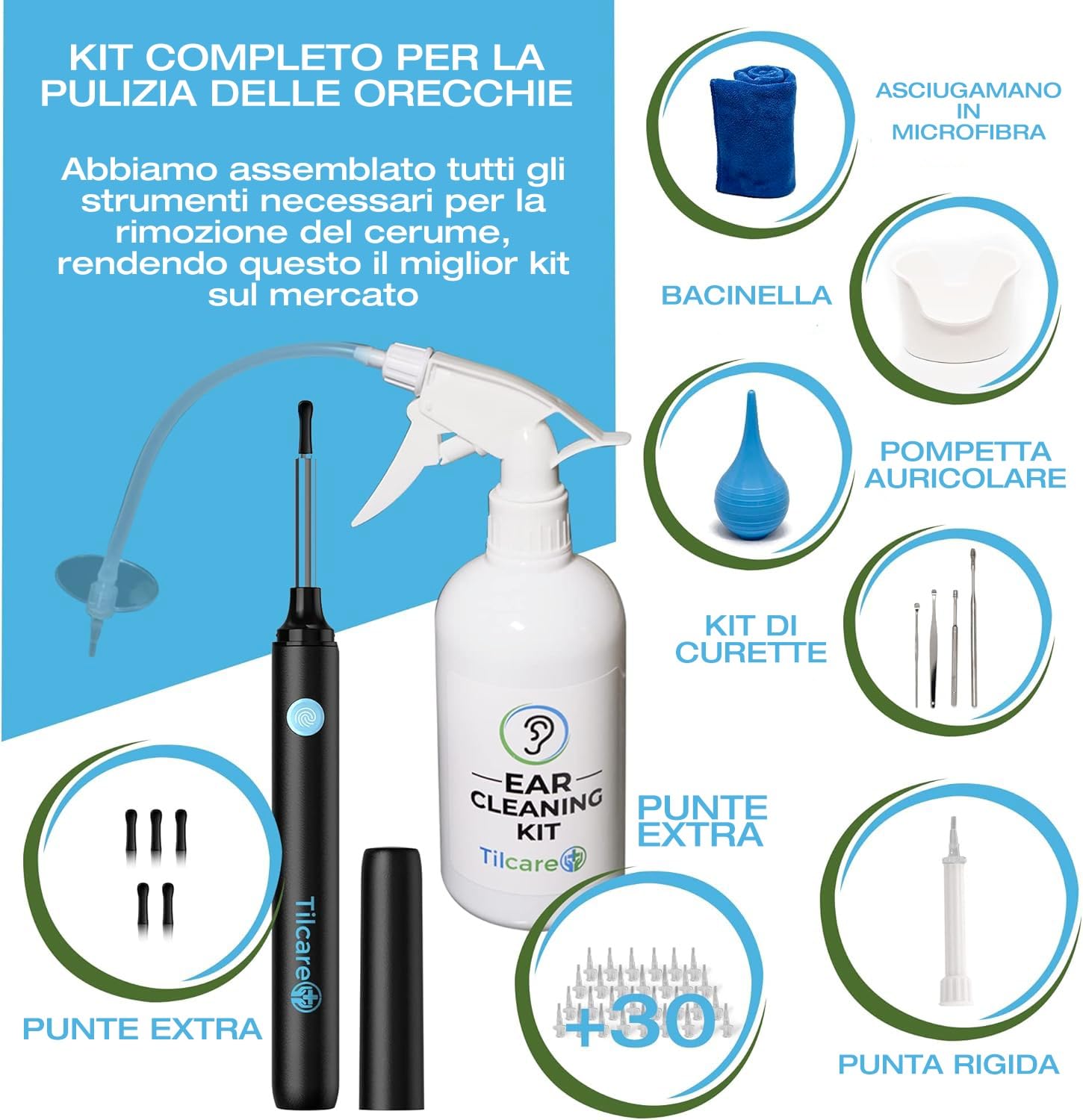 Tilcare Strumento per la Rimozione Cerume con Telecamera - Sistema per Irrigazione dell'Orecchio per Adulti e Bambini - Include Bacinella, Siringa, Kit Curette, Asciugamano e 30 Punte Monouso