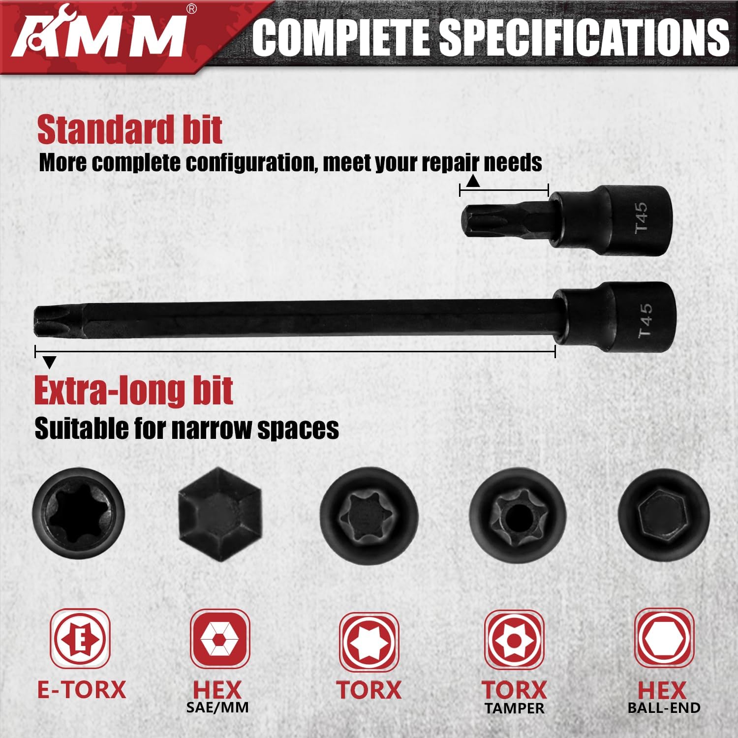 AMM 107PCS Allen and Torx bit socket set, 1/4", 3/8" and 1/2" Drive,Extra long torx/Tamper proof torx/Hex/Ball End Hex,SAE/Metric socket set, S2 Alloy steel bits
