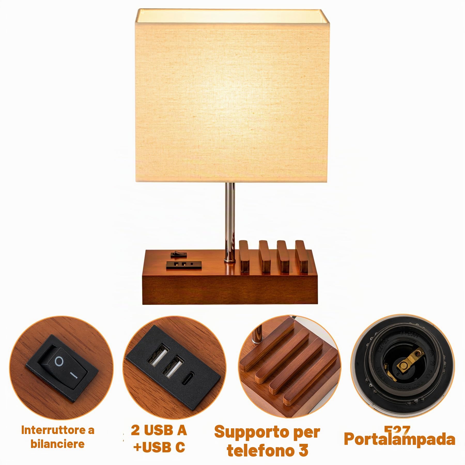 Dreamholder Lampada da tavolo con 3 porte USB A+C, 3 supporti per telefono, moderna lampada da comodino USB per camera da letto, soggiorno, ufficio, lampada da comodino con base in noce e paralume in