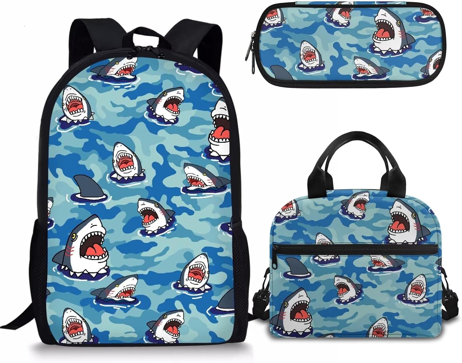 Rnyleeg Boys Preschool Backpack Cute Kids Boys Cartoon Shark School Bag Bookbag with Lunch Box&Pencil Holder Set for Elementary Kindergarten