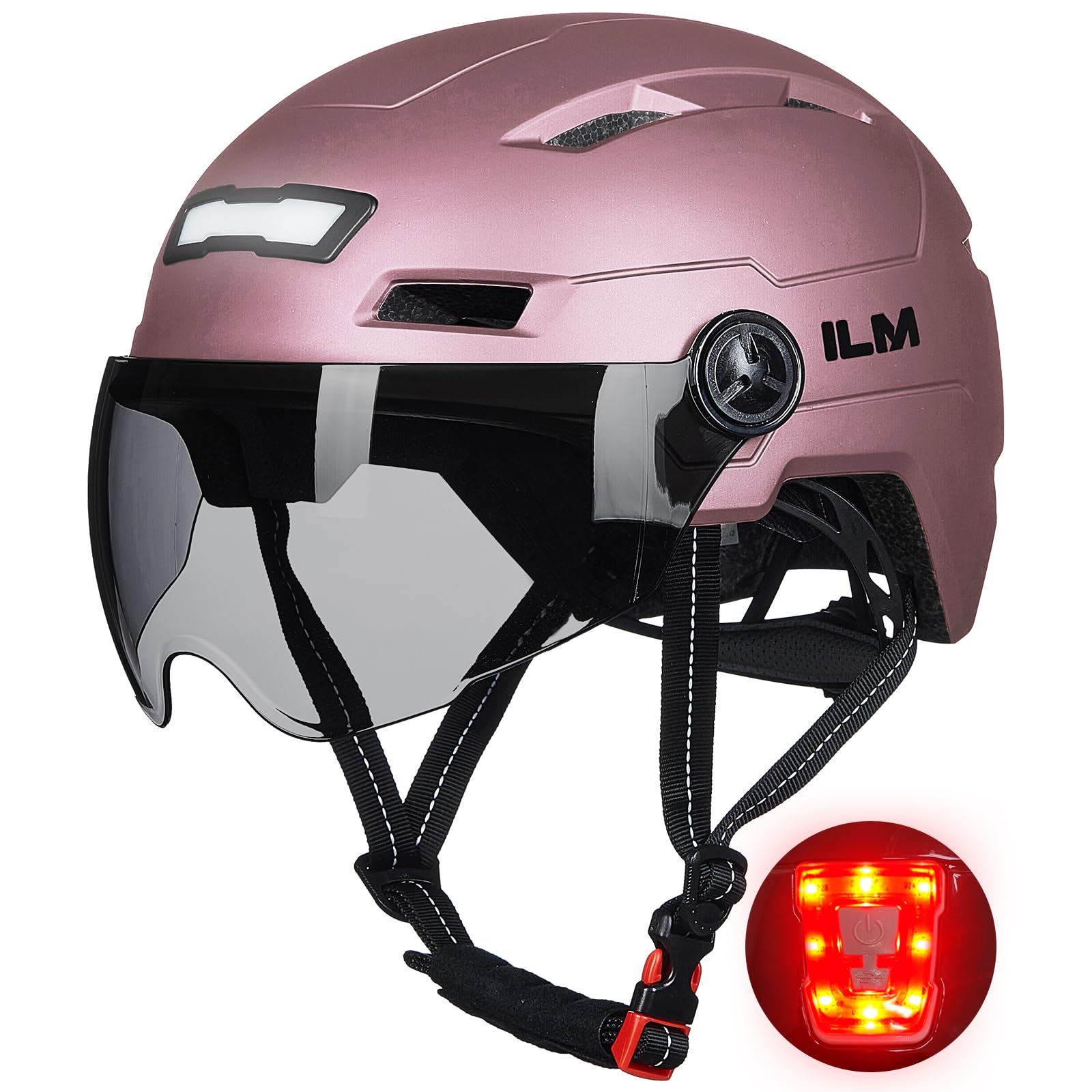 ILM Adult Bike Helmet with USB Rechargeable LED Front and Back Light Unisex Adult Cyclists for Cycling,Scooter E3-10L,Rose Pink,XS