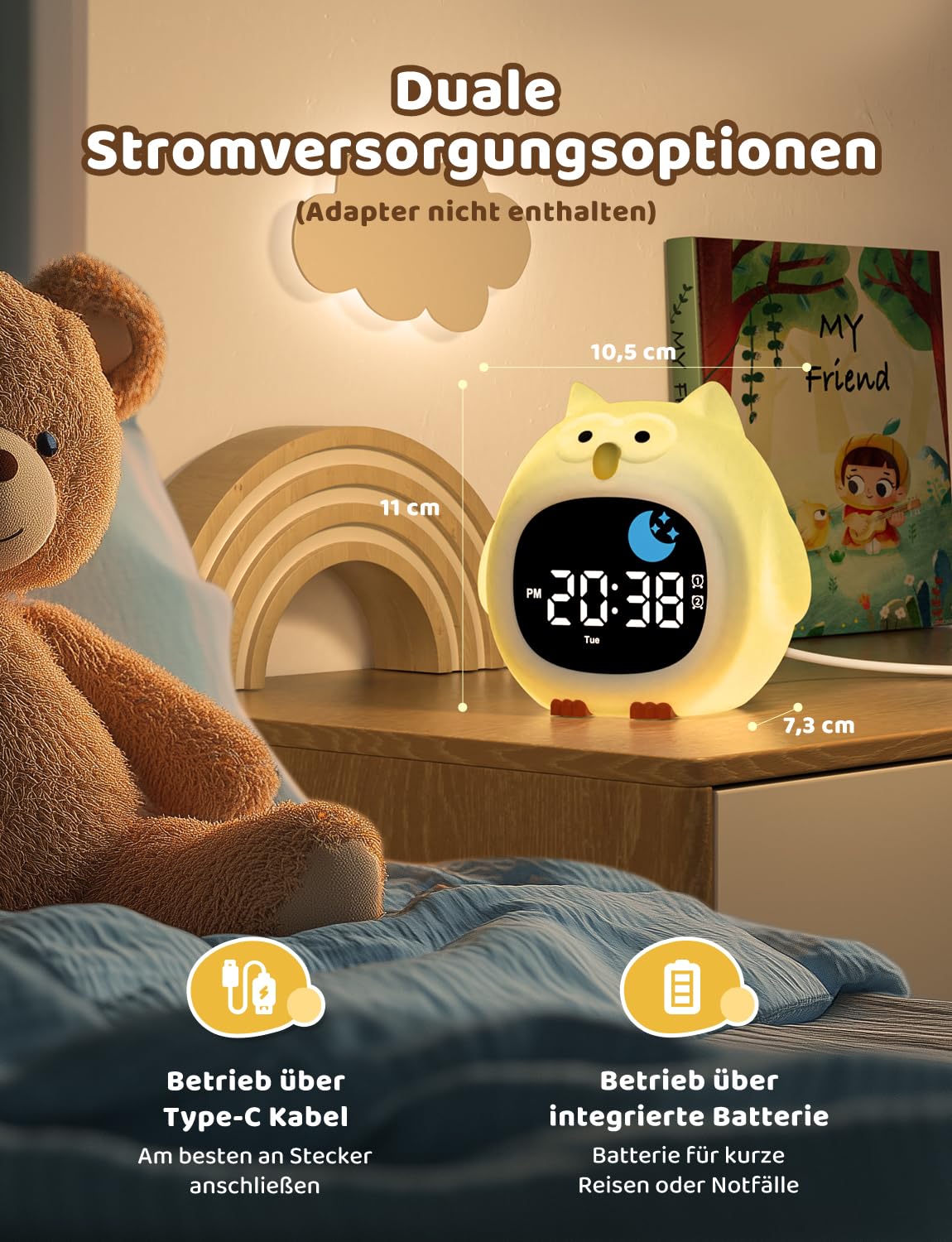 Yissvic wecker Kinder für Schulanfänger Jungen Kinderwecker mit RGB Nachtlicht Lernwecker 2 Alarme Wochenend-Modus Snooze 10 White Noise Eule Stil