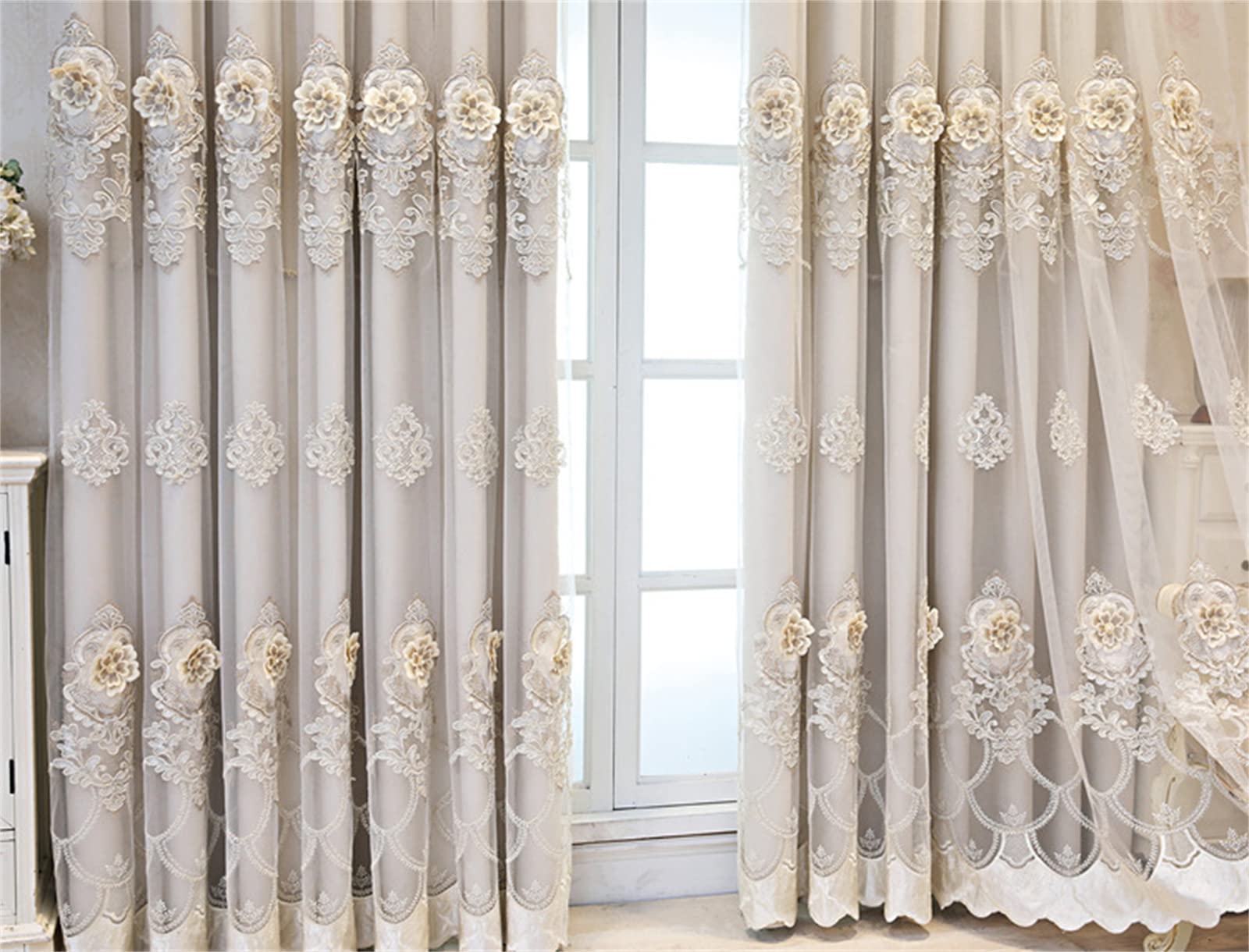 Elegant European Double Layer Blackout Curtain - Beige Floral Embroidery, 1 Panel W50 X L84 Inches 11 thumbnail image