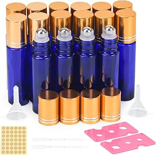 10ml Roll On Aceites Esenciales，16 pcs Marrón Botellas Rollon Cristal Rellenable Perfume Roll on con Roll-on Bola de Acero Inoxidable para Masajes,Botella de Laboratorio (10ml,blue)