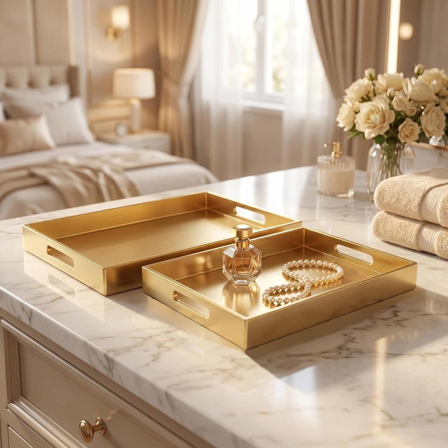 Gold Decorative Serving Tray Set with Handles, Large 15.7" & Medium 13.8", Modern Plastic Design for Coffee Table, Ottoman and Home Decor (2 Pcs) image 2