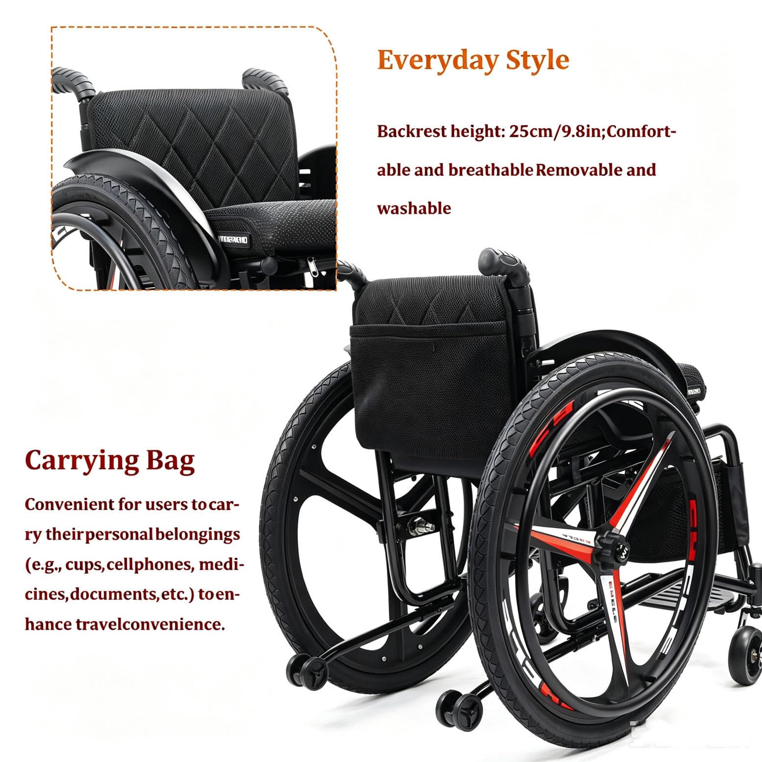 Silla de Ruedas Manual Ligera para Transporte 38cmSeat | Capacidad de 220 libras (100 kg), ruedas traseras de 24 pulgadas, altura de asiento y reposapiés ajustable, 59 x 83 x 70 cm.