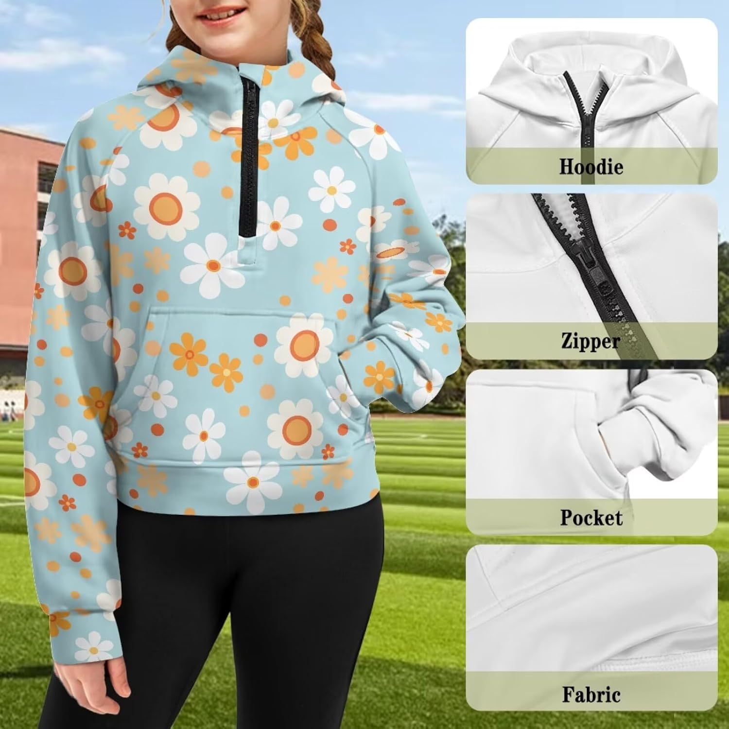 Girls' Hoodies Sweatshirts Half Zipper Pullover Crop Tops for Girls Long Sleeve Sweater with Kangaroo Pocket