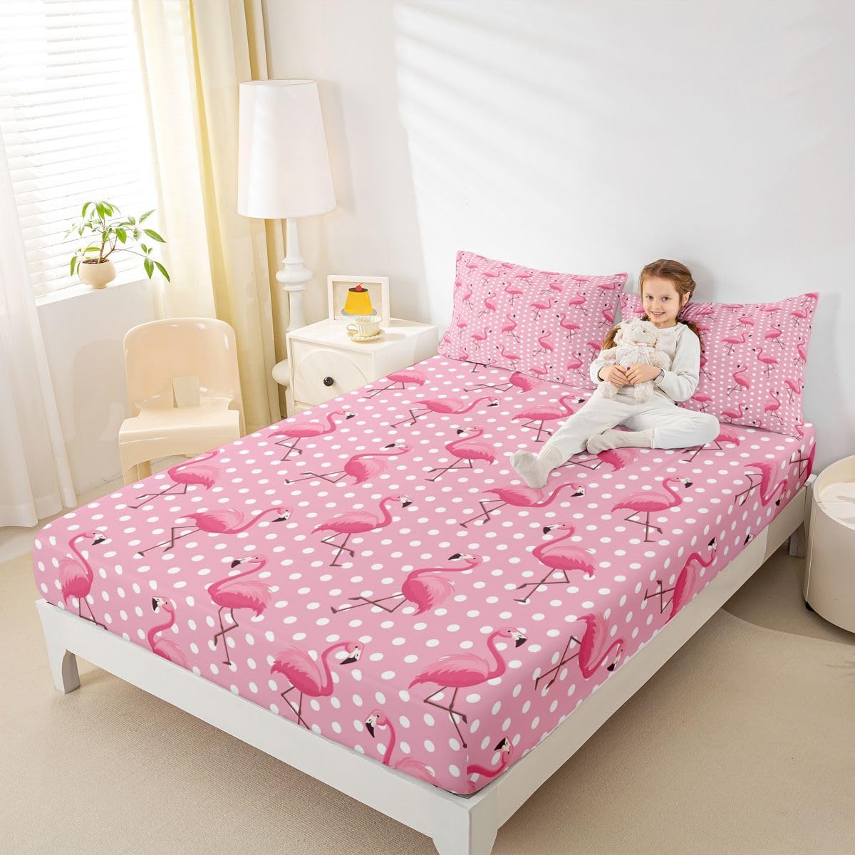Erosebridal Pastel Pink Sheet Set Queen Size Cute Flamingo Fitted Sheet for Kids Child,Little Girls Cartoon Wild Animal Bed Sheets Wetland Wildlife White Dots Bed Cover Kawaii Room Decor
