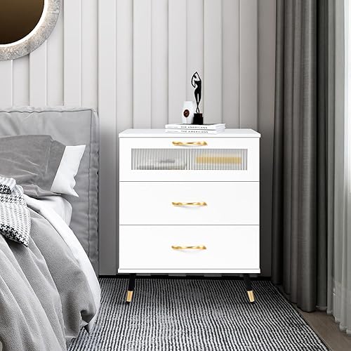 Miniatura 6 de Mesita de noche blanca con 3 cajones, mesa de noche de madera de 21 pulgadas, mesita de noche grande con puerta de cristal, patas y asas doradas,