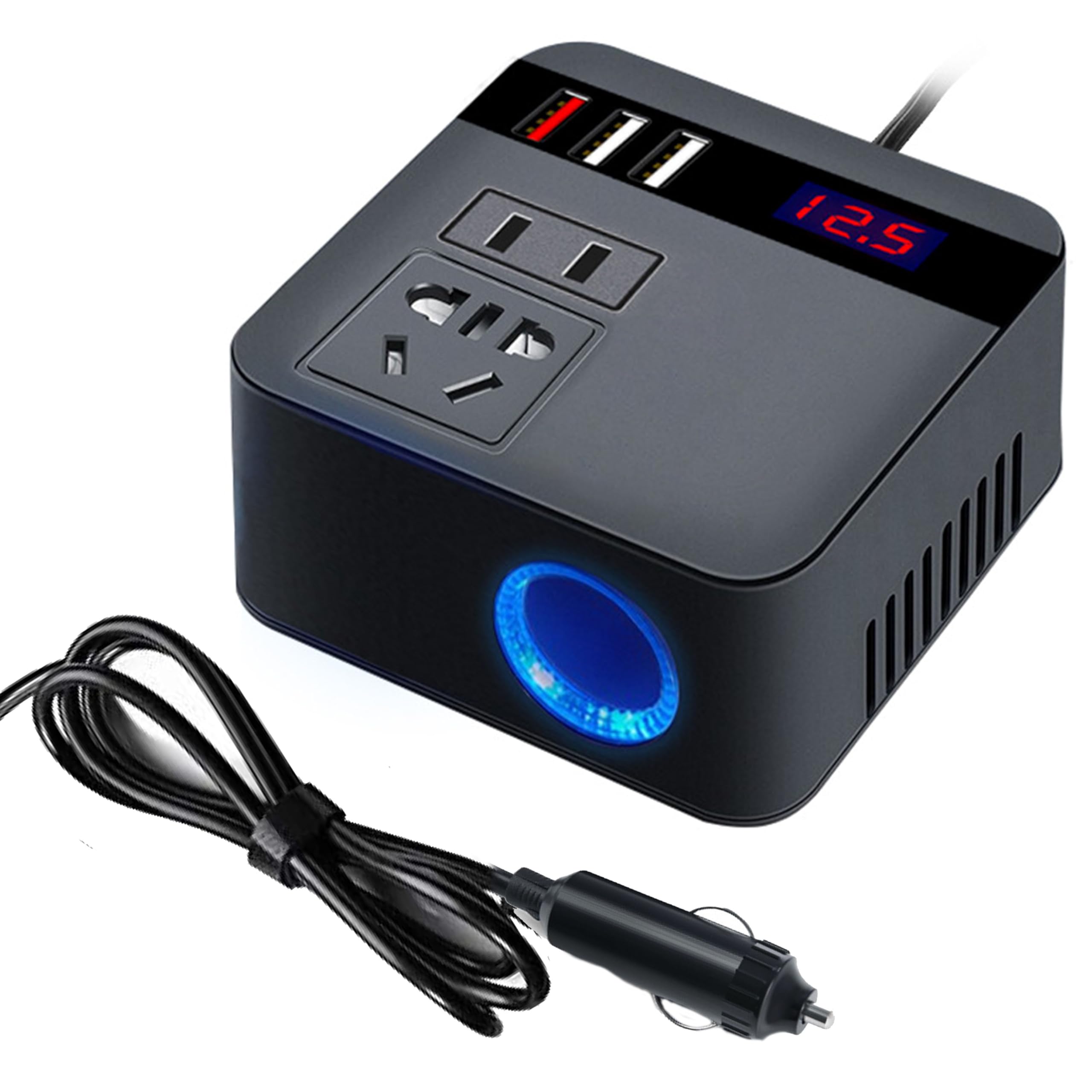 200W Power Inverter DC 12v to DC 110v for Car, 3 USB Ports Vehicle Charger for Plug Outlet, Car Charger Adapter with Fast Charging Ports for Road Trip (Black)