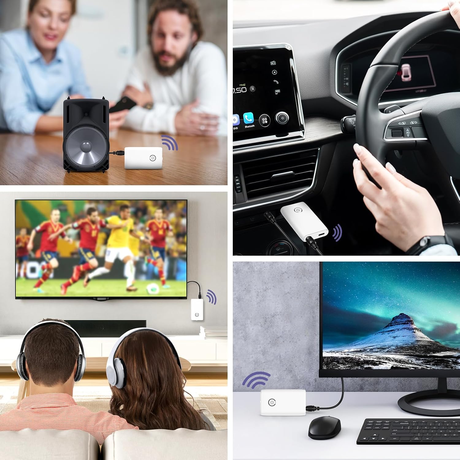 Multiple usage scenarios for the OQIMAX Bluetooth adapter in both TX and RX modes, including TV, car, speaker, and PC connections.