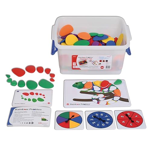 Rainbow Pebbles - Juego de aula - Clasificación y apilamiento de piedras - Mega Set incluye 252 guijarros + tarjetas de actividades + Spinners