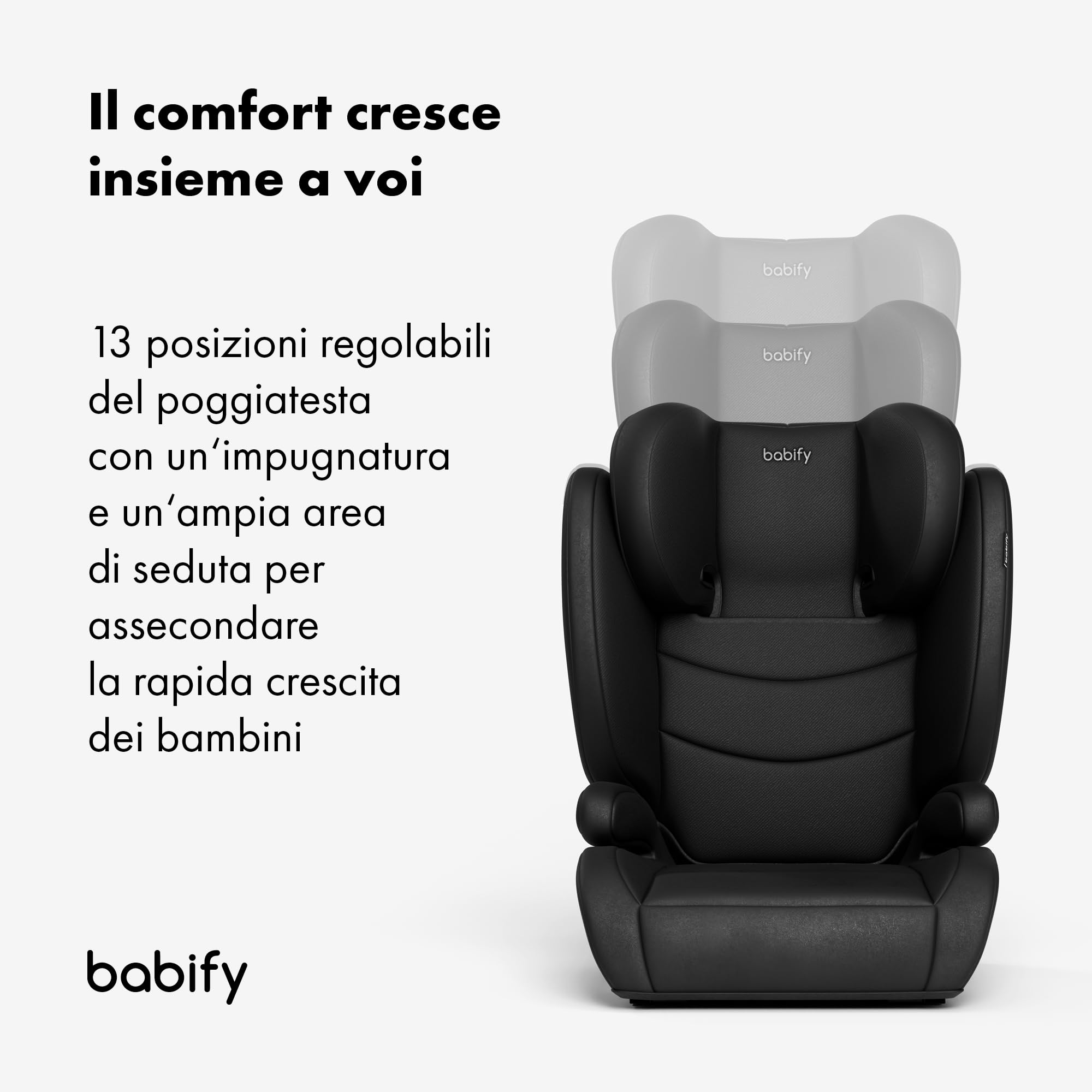 Babify FlexiFit Basic - Seggiolino per Auto Isofix, Gruppo 2/3 (15-36 kg, 100-150 cm), Poggiatesta Regolabile in 13 Posizioni, Design Pieghevole, Rivestimento Lavabile, Sicurezza ECE R129, Nero