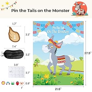Haunt Couture Ultimate Fiesta Party Game - Ponle la Cola al Burro (Pin The Tail on The Donkey) - Reusable Poster for Cinco de Mayo, Birthdays & Themed Events