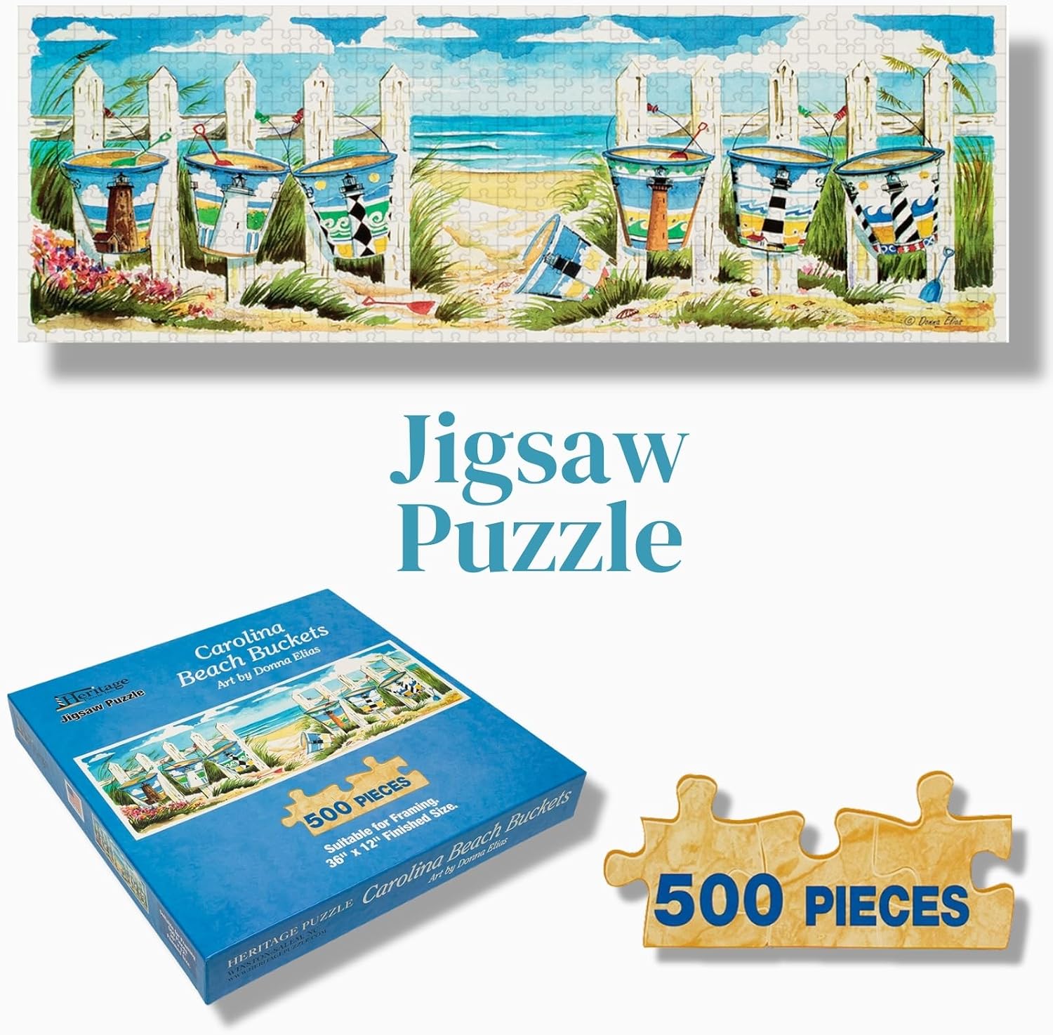 Heritage Puzzle - Carolina Beach Buckets by Donna Elias 500 Piece Puzzles for Adults - North Carolina Lighthouses Coastal Art - Frameable Jigsaw Puzzle 12" x 36" Finished Size