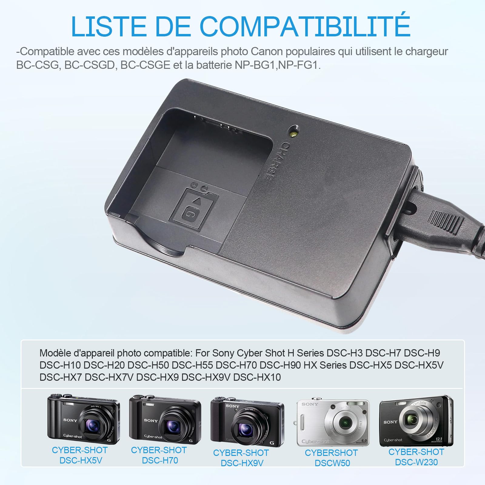 BC-CSGB NP-BG1 NP-FG1 Caricabatterie compatibile con Sony Cybershot DSC-HX5V,DSC-HX9V,DSC-W30,DSC-W35,DSC-W50,DSC-W55,DSC-W70,DSC-W80,DSC-H10,H20,H50,H55 Fotocamera e 120cm AC Power Cord