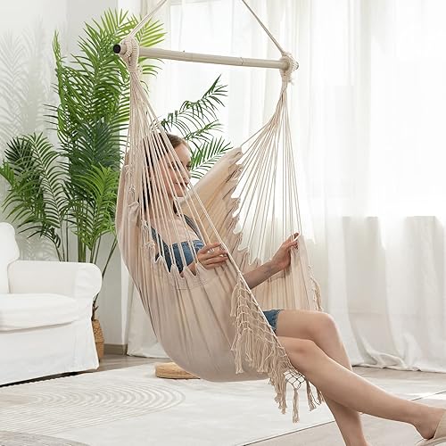 Miniatura 6 de Silla hamaca, asiento de cuerda colgante con 2 cojines, silla colgante de macramé, bolsillo lateral con barra de metal de alta carga, para