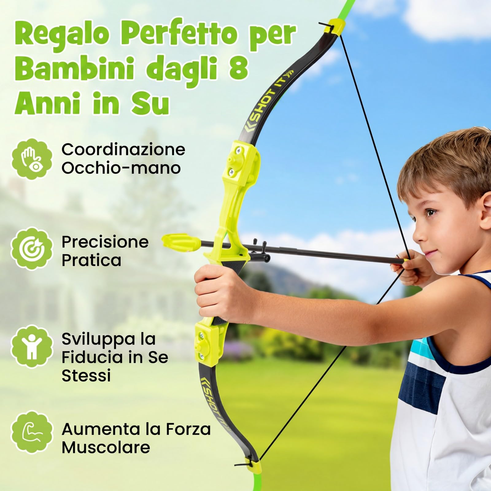 COSTWAY 4 in 1 Set di Arco e Frecce per Bambini | Set da Gioco con Asce da Lancio, Freccette , Freccia, Arco e Bersaglio, da Interno ed Esterno
