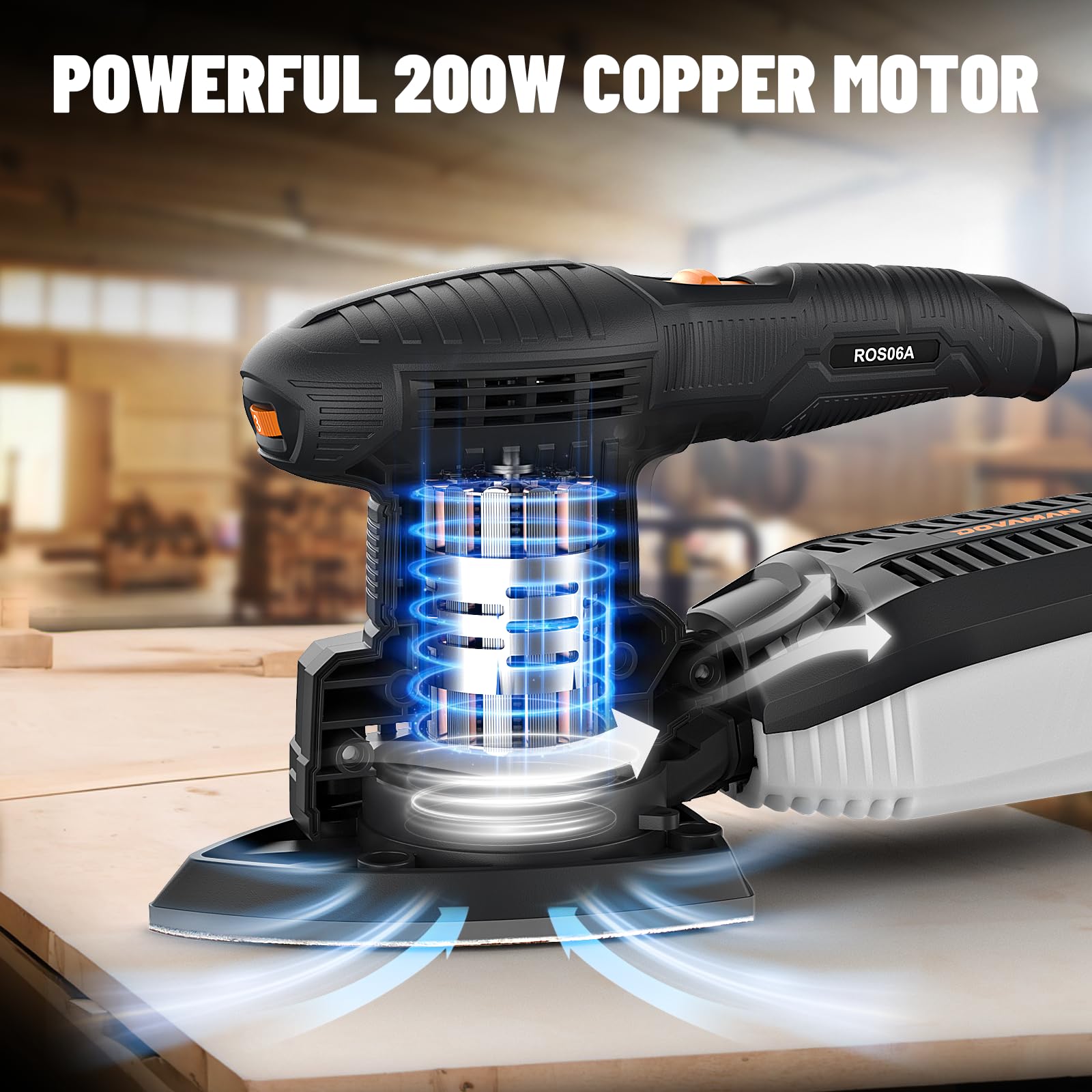 DOVAMAN ROS06A Levigatrice Multifunzione 3-in-1, 200W, 6 Velocità, 15 Carte Abrasive, Bassa Vibrazione, Aspirazione della Polvere, Levigatrice Mouse, Orbitale, Eccentrica per Legno e Acciaio