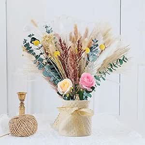 92PCS Dried Flower Bouquet, Dried Pampas Grass Decorations Reed Grass Bouquet with Rose ,Grass Flowers Bouquet Rustic Flowers for Bohemian Floral Home, Wedding, Bedroom,Rustic Modern Decorations