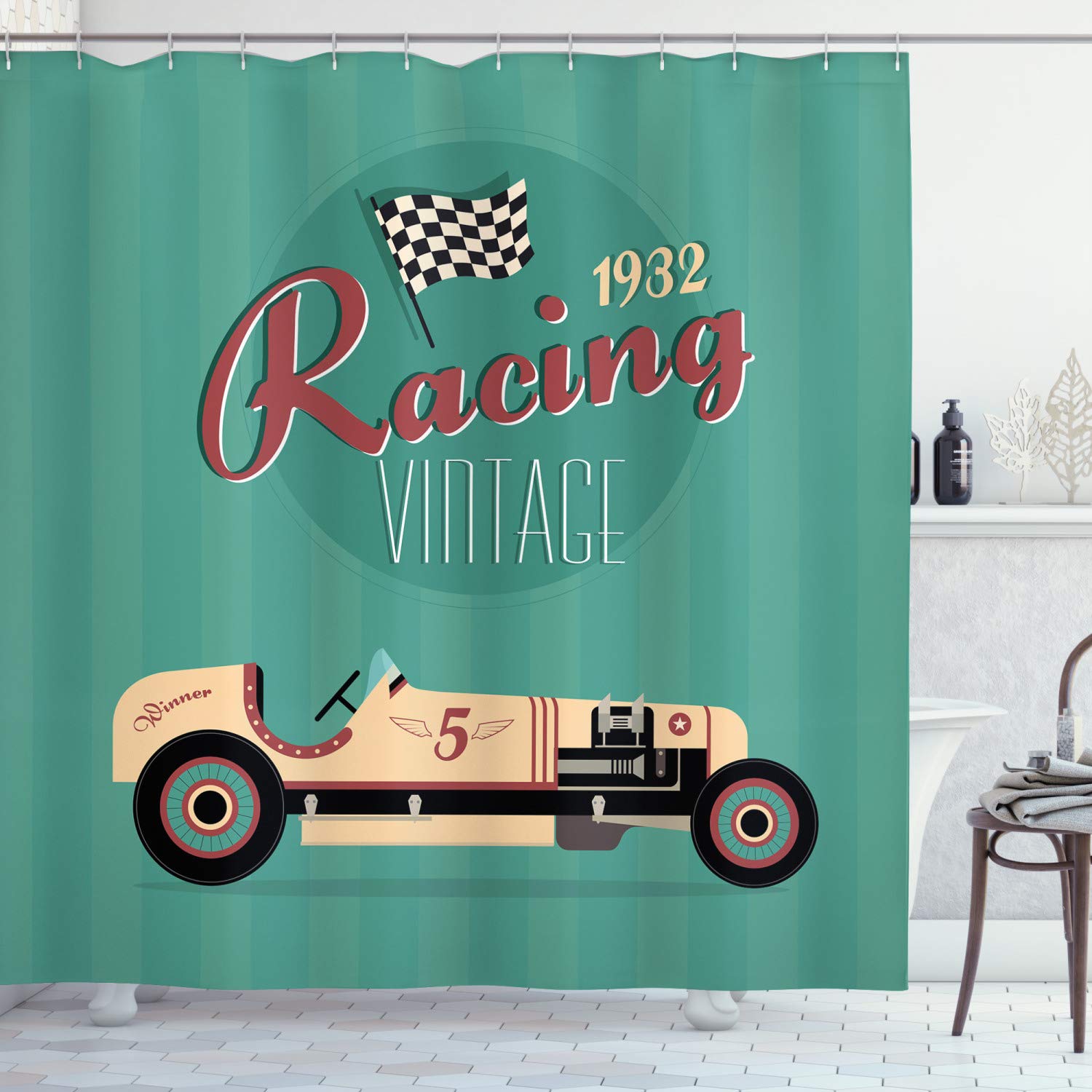 ABAKUHAUS Cars Shower Curtain, Poster Print of a Classic Vintage Automobile Nostalgia Rally Antique Machine, Fabric Bathroom Decor Set with Hooks, 70" Inches, Cream Teal Ruby โ image 1