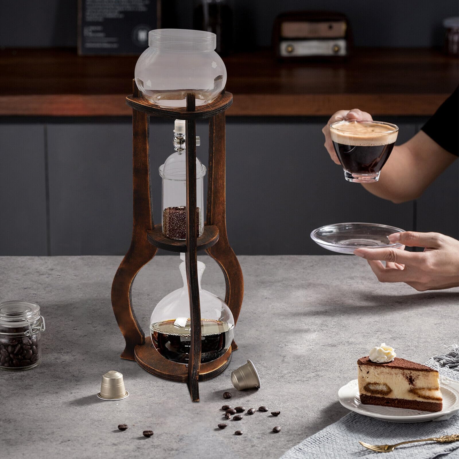 YINZINR Cold Brew Drip Coffee Maker, 600ml/20.29oz Capacity 6-8 cup Iced Coffee Cold Brew Drip Tower Coffee Maker Ice Coffee Machine, for Home Office Coffee Shop, Brown