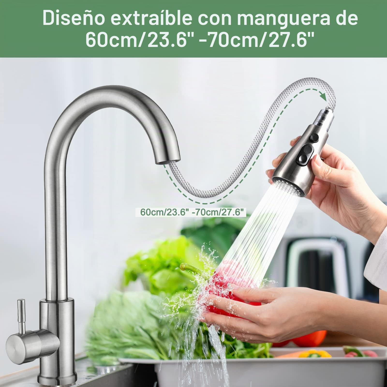 Cieex Grifo Cocina Extraíble, Completo Grifos Cocina Fregadero con Manguera, Torneira Cozinha de 3 Modos de Flujo de Agua, Control de Una Sola Manija, Material de Acero Inoxidable, con Cinta de Teflón