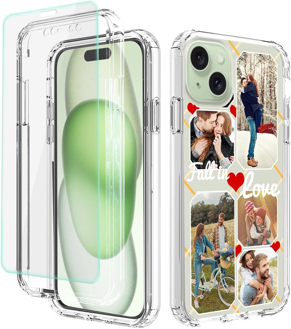 Custom Phone Case for iPhone 15 Plus,Bumper Heavy Duty Phone Case Multi-Picture Collages Personalized Photo Case with Screen Protector 3 in 1 Military Grade Full Body Clear Protective Phone Cover Love