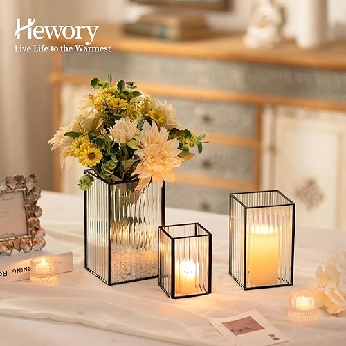 Miniatura 2 de Hewory Portavelas negro de huracán 3 portavelas de cristal de huracán acanalado para velas de pilar, portavelas de pilar cuadrado para centro de
