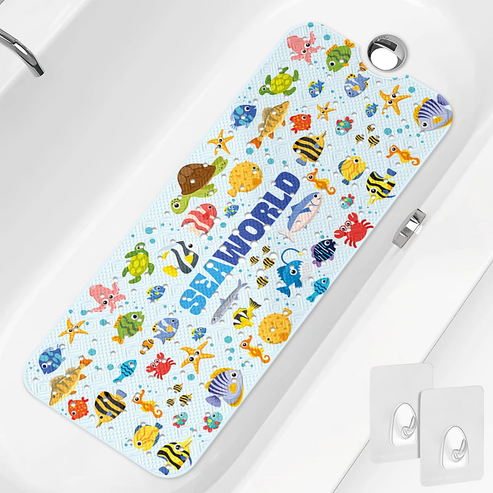 Kids Bath Mat 40x16 Non Slip Tub Shower Mat with Suction Cups Drain Holes
