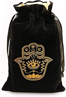 ARTSY CRAFTS 6x9" Hamsa Hand Velvet Jewelry Pouch Gift Bags, Fatima Hand Evil Eye Velvet Drawstring Oracle Tarot Card Rune bags Dice Bag (Smoky Black)