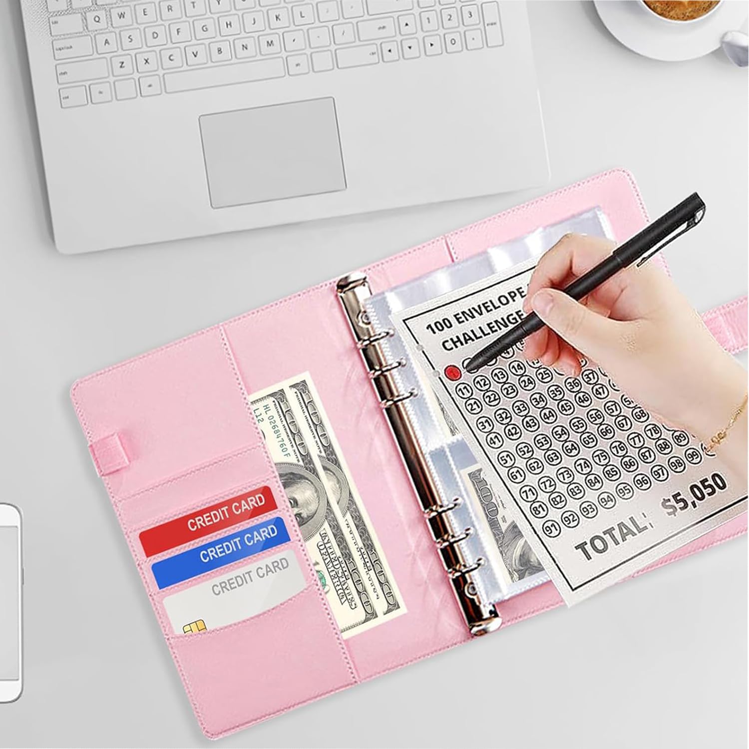Bilancio Planner Libro del Risparmio Sfida 5050 € Rilegatura a Budget Rosa