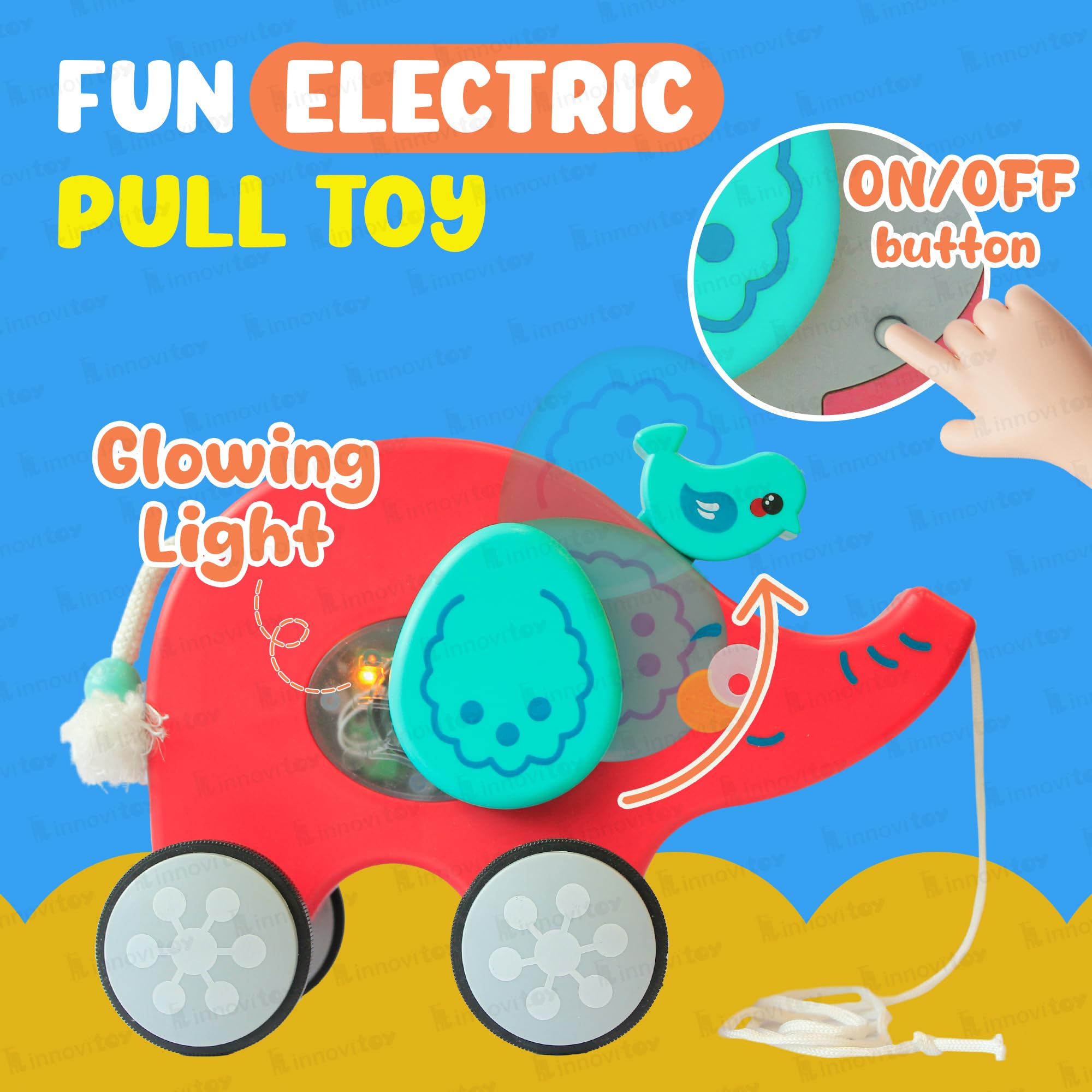 innovitoy Pull Along Elephant Baby Toys 6-12 Months | String Attached Bouncy Motion Toy Encourages Walking | Toy with Music, Light, Rope | BPA Free Toddler Toys Gift Set - Made in India (Red) 3