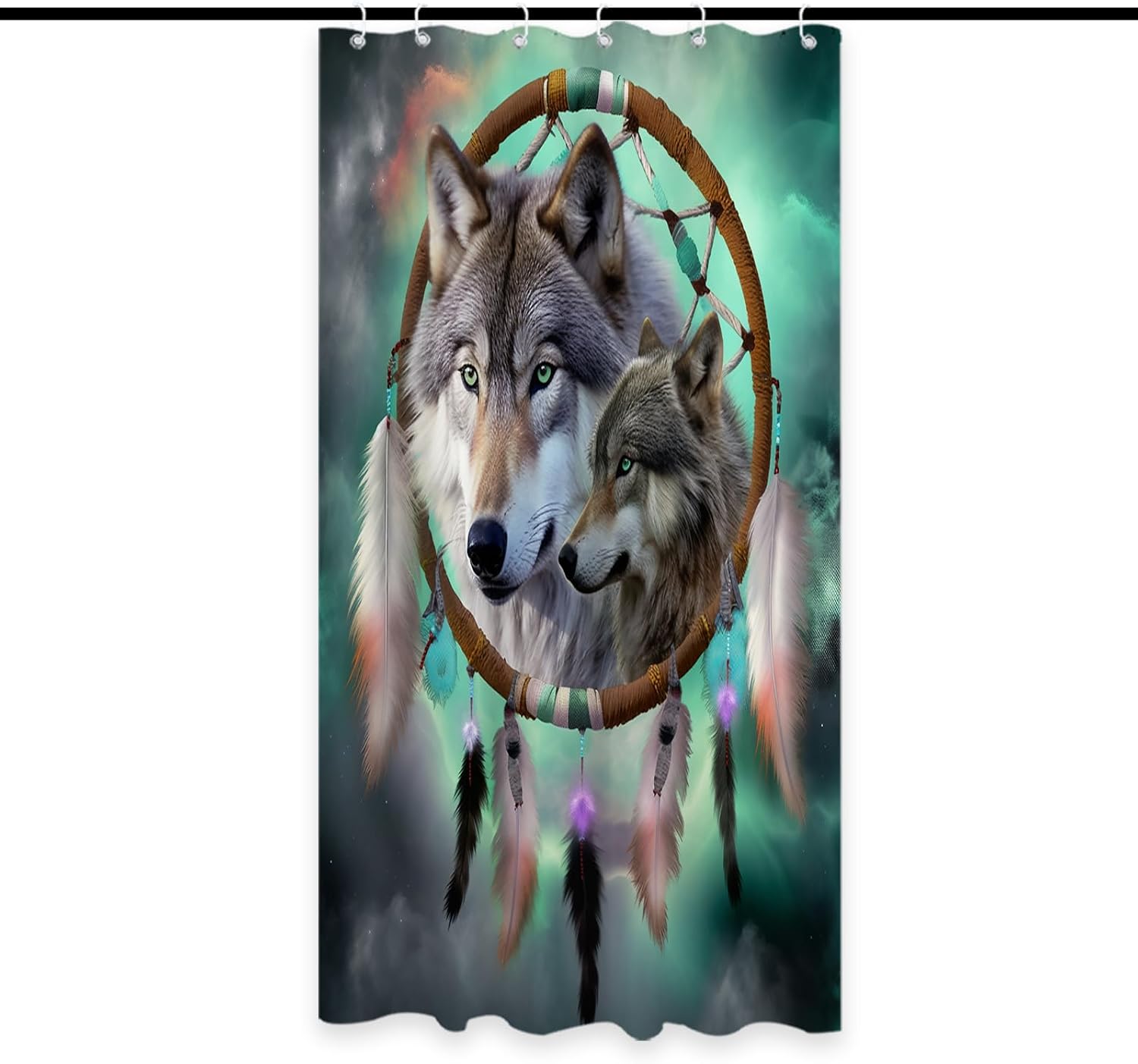 Blue Boho Wolf Theme No Hook Shower Curtain with Snap in Liner, Waffle Fabric Hotel Shower Curtains and Liner Set Washable, Bathroom Decor Double Layer Waterproof with Mesh Window 72 W x 74 H in