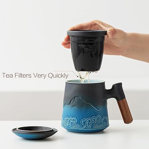 Vista 3 de ZENS Taza de té con infusor y tapa para remojar hojas sueltas, taza infusor de té de cerámica en relieve de 16.9 onzas, difusor de té con mango