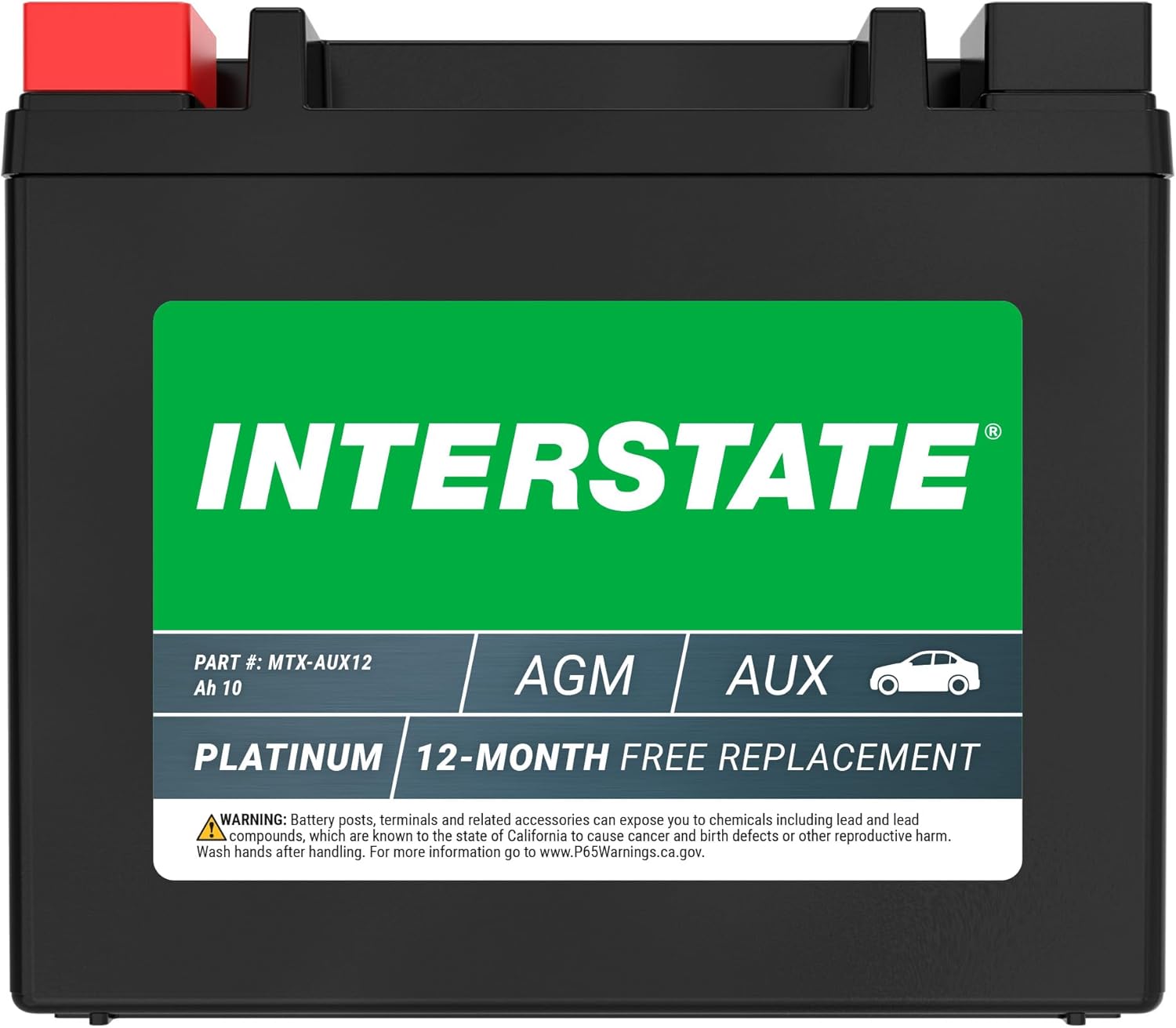 Interstate Batteries AGM Auxiliary Battery 12V 10Ah (Group Size AUX12) Maintenance Free Rechargeable Automotive Battery (MTX-AUX12)