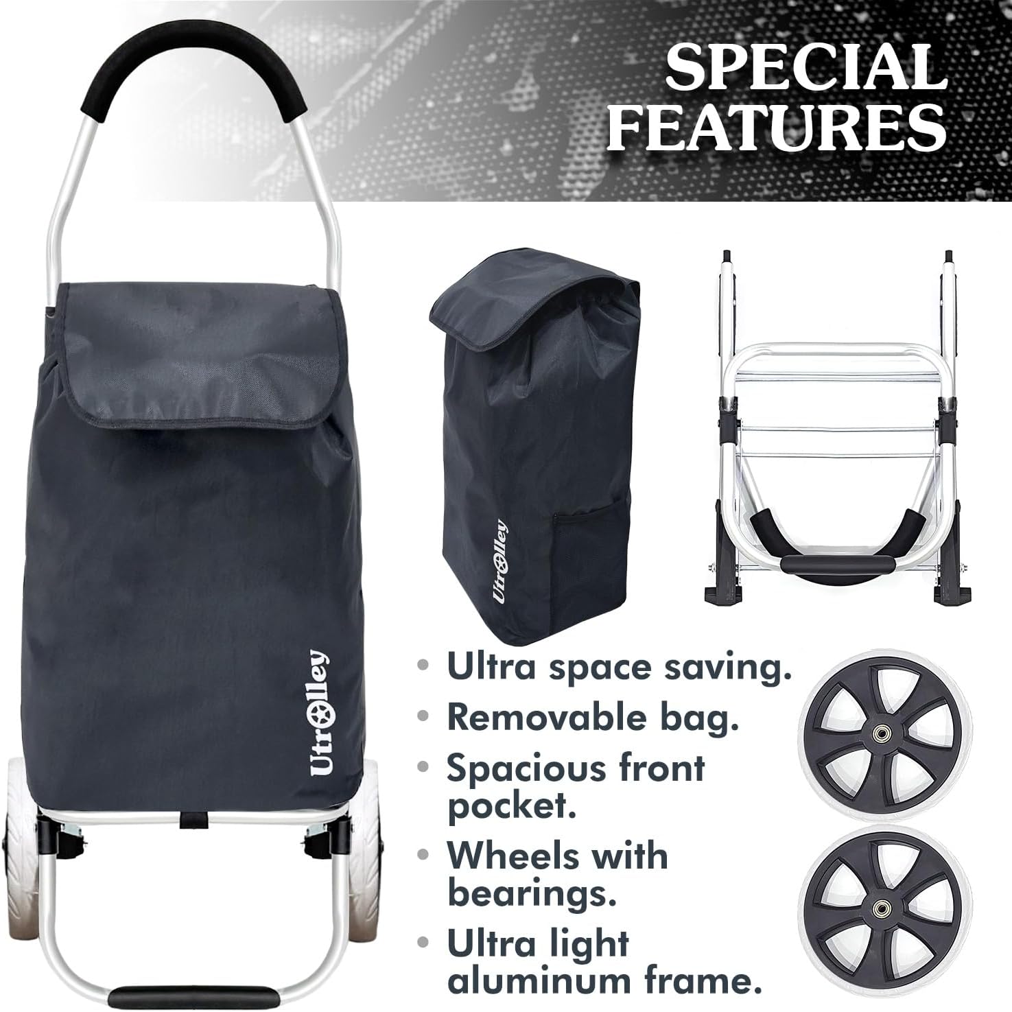 Ultra-Lightweight Foldable Grocery Cart with 40L Capacity, Soft Rolling Wheels, Removable Insulated Bag – Multi-Purpose Personal Hand Truck (Black)