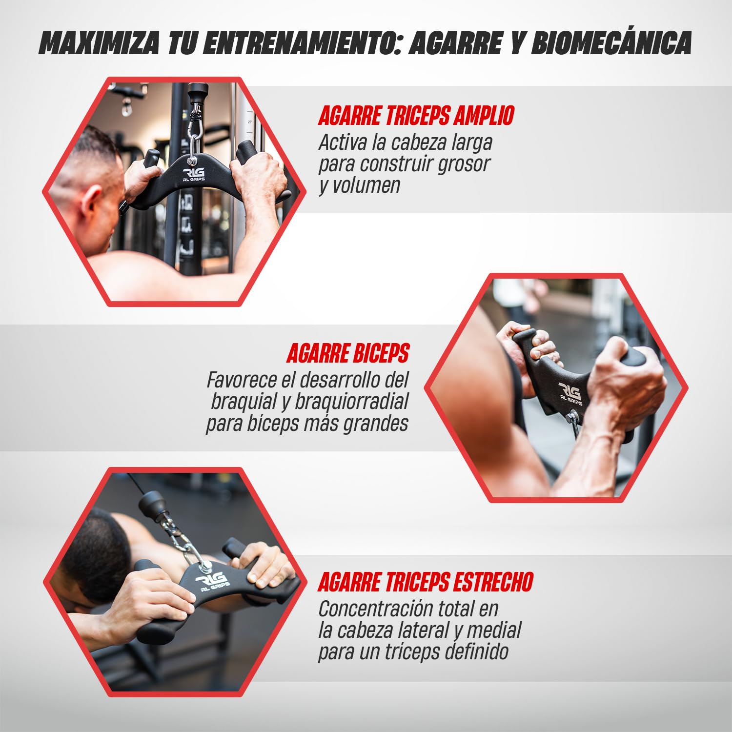 RL Grips - MK2 Agarres para Poleas de Gimnasio de Bíceps y Tríceps - Pack de 3 Manerales de Entrenamiento en Cable de Pesas Ergonómicos para Brazo - Agarres para Curl en Poleas