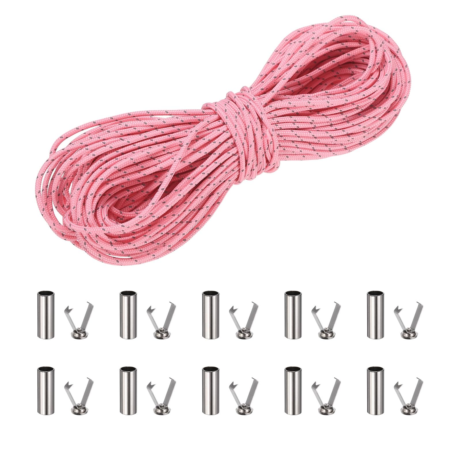 sourcing map 2mm Reflective Guyline Camping Paracord, 65ft Thin Reflective Cord Rope with Cord End Caps for DIY Shoe Laces, Tarp Hiking Tent Camping, Pink