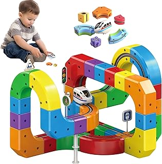 Clickrail Elektrisches Zugset Flexible Rennstrecke,Magische Schienenbausteine mit schwerkrafttrotzenden 3D-Layouts, Magnetblöcke & Motorisierter Zug, Spielzeuggeschenke für Kinder (81Pcs)