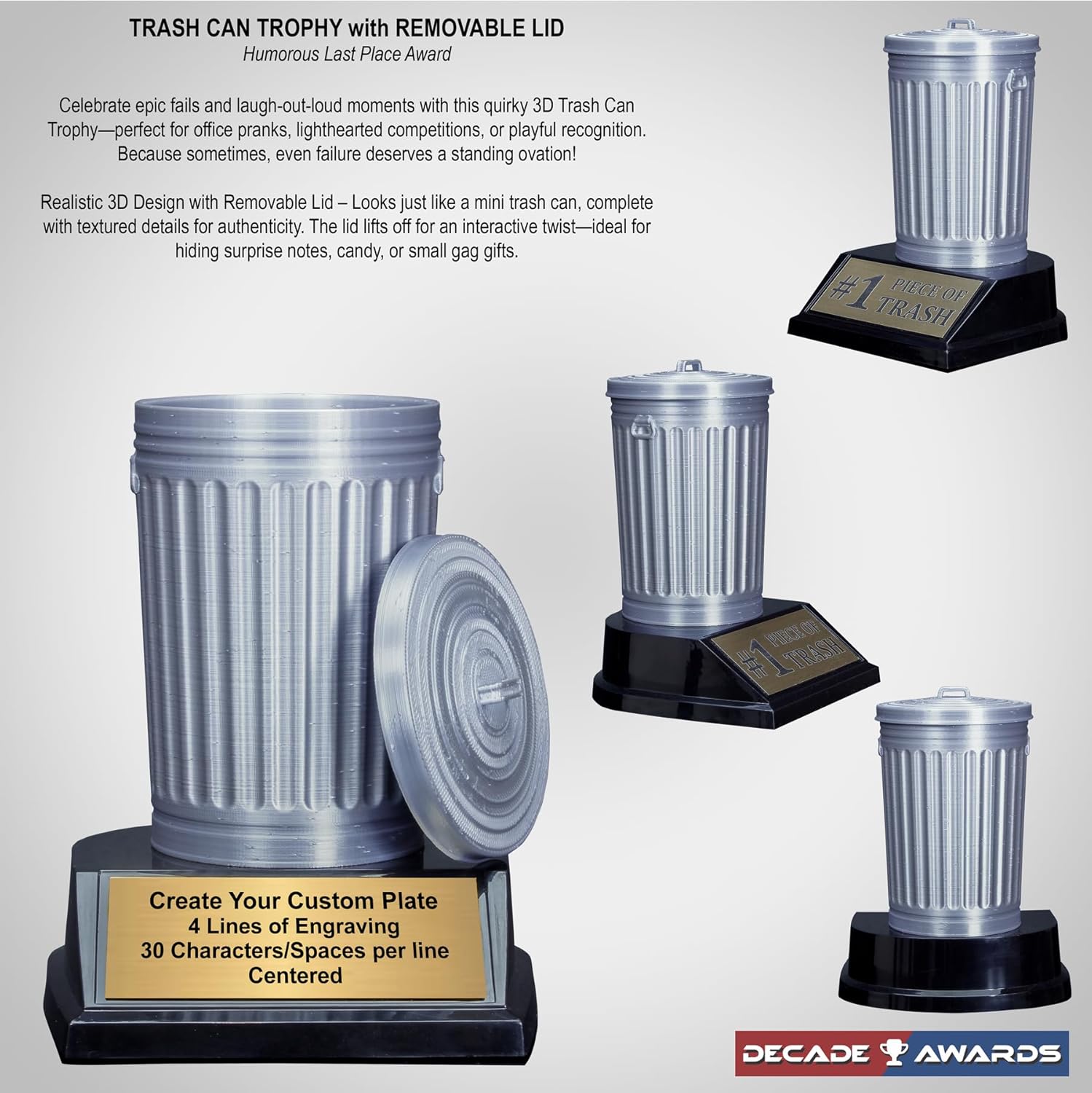 Personalized Trash Can Trophy with Removable Lid - Humorous Last Place Award for Epic Failure or Fantasy Football Loser - Gag Prize - Customize Now (5 Inch)